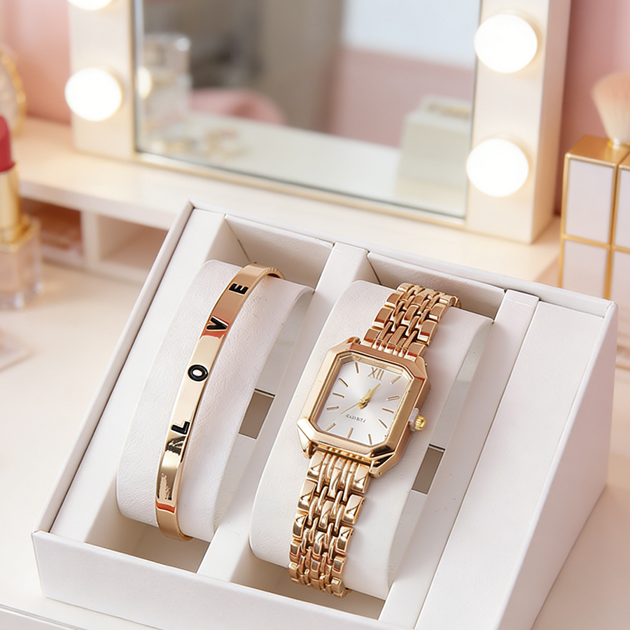 2PCS/set Luxury Women's Quartz - مراجعة Luxury Watch Square وسعره